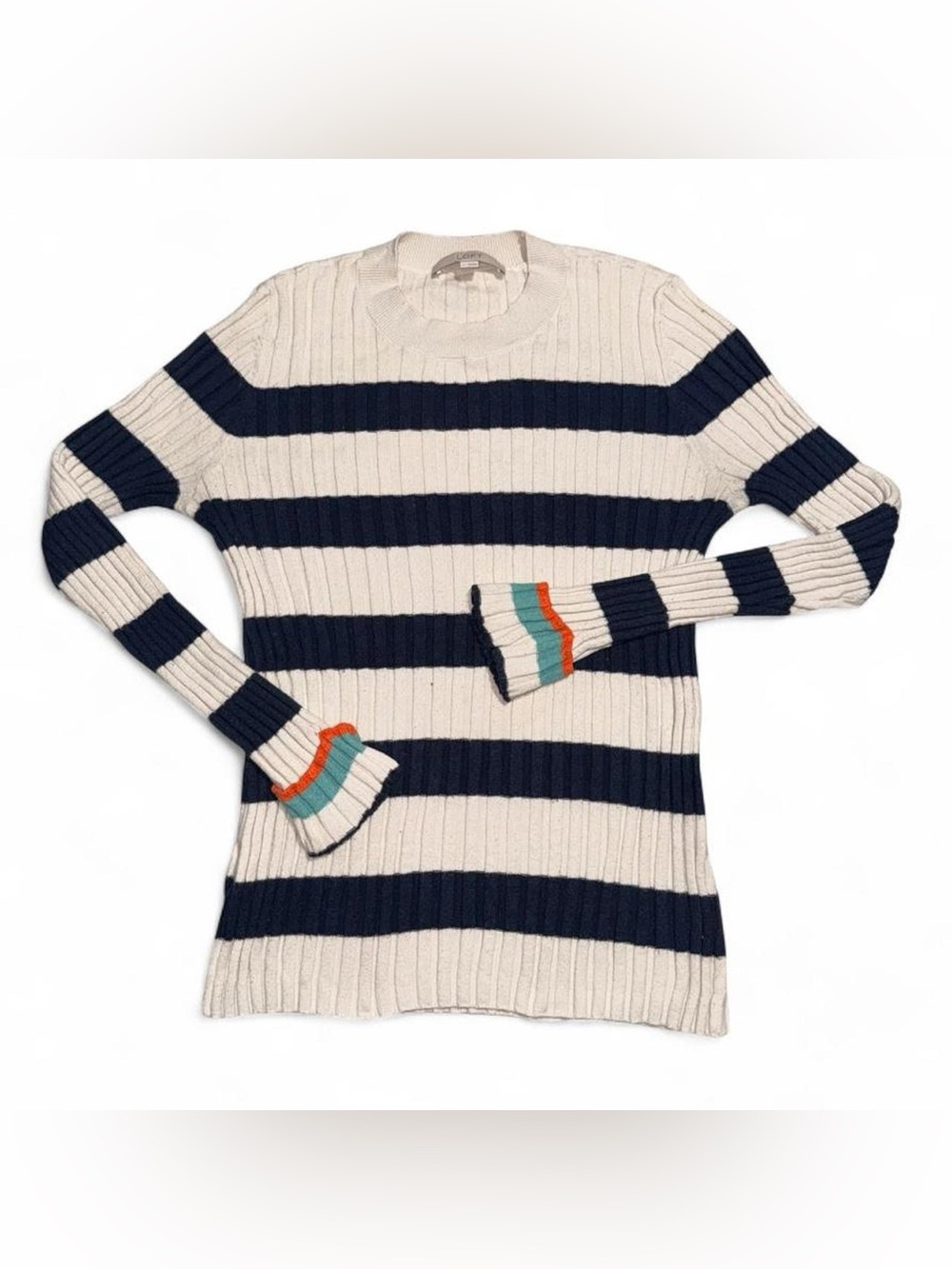 LOFT Striped Crewneck Sweater in Cream & Blue Size Large